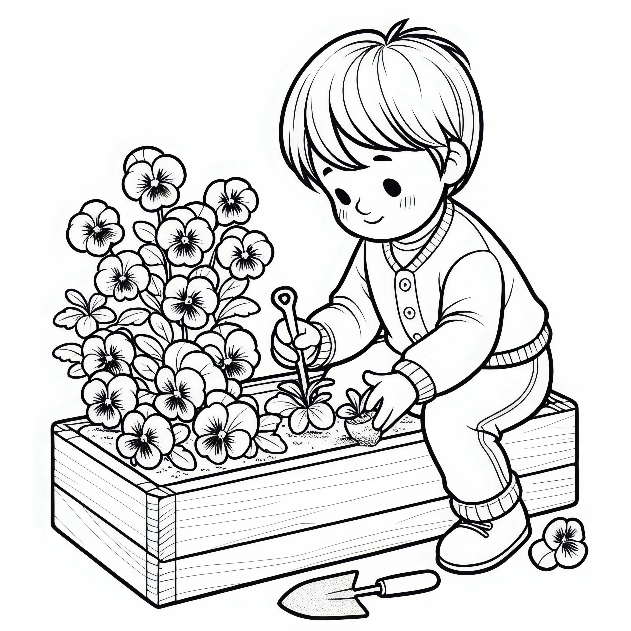 Kind bepflanzt Blumenkasten mit Stiefmütterchen – Ausmalbild zum Gratis-Download
