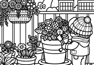 Kind bepflanzt Blumentopf auf dem Balkon – Malvorlage kostenlos