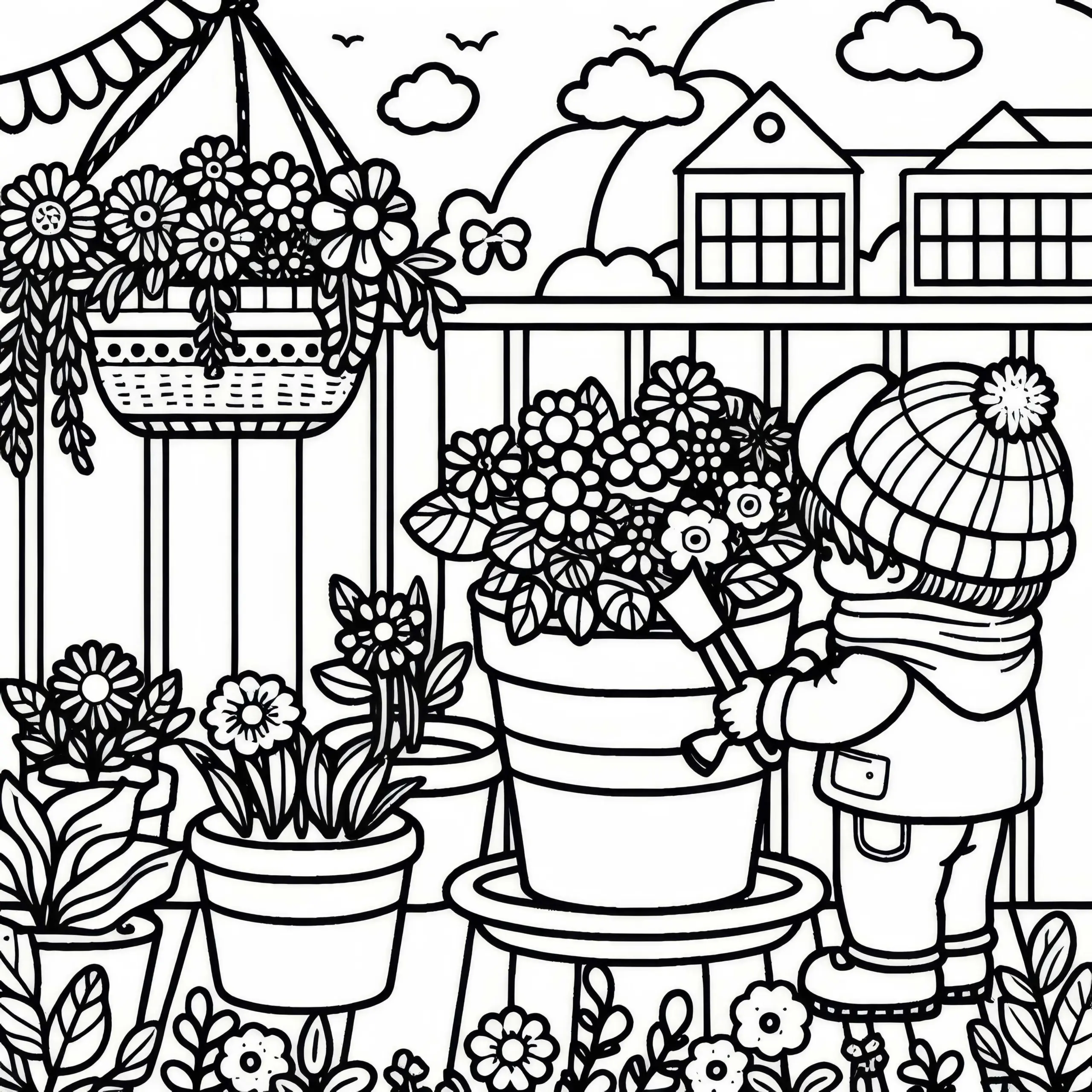Kind bepflanzt Blumentopf auf dem Balkon – Malvorlage kostenlos (Ausmalbild)