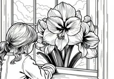 Kind betrachtet Amaryllis Blume – Ausmalbild kostenlos