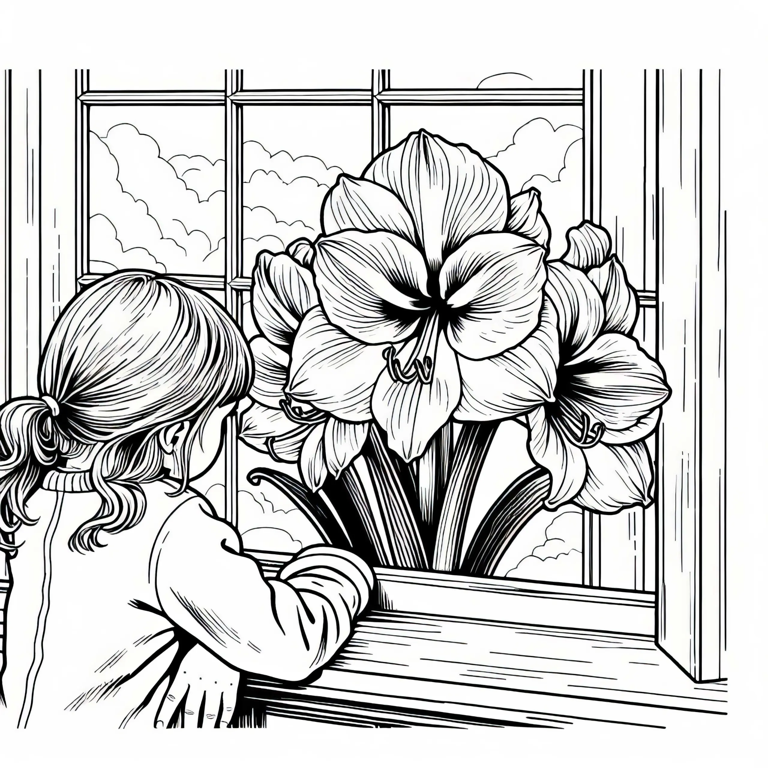 Kind betrachtet Amaryllis Blume – Ausmalbild kostenlos