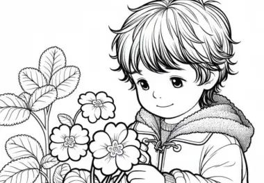 Kind betrachtet Blume Primel Ausmalbild gratis