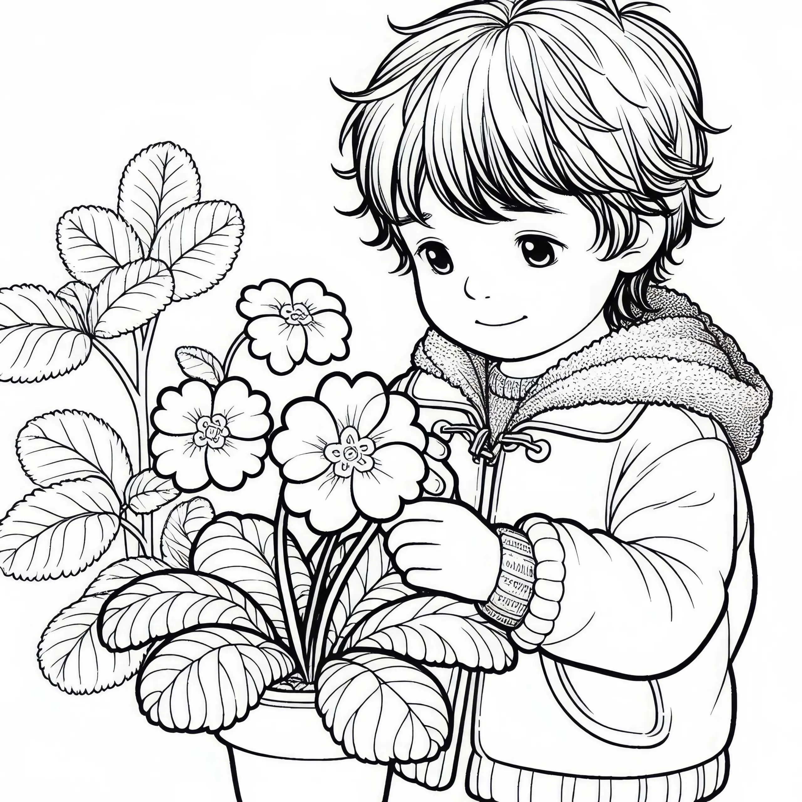 Kind betrachtet Blume Primel Ausmalbild gratis