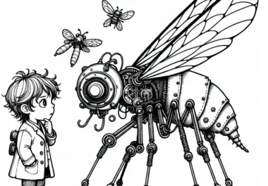 Kind betrachtet neugierig mechanisches Insekt mit Flügeln aus Draht – Ausmalbild Steampunk kostenlos