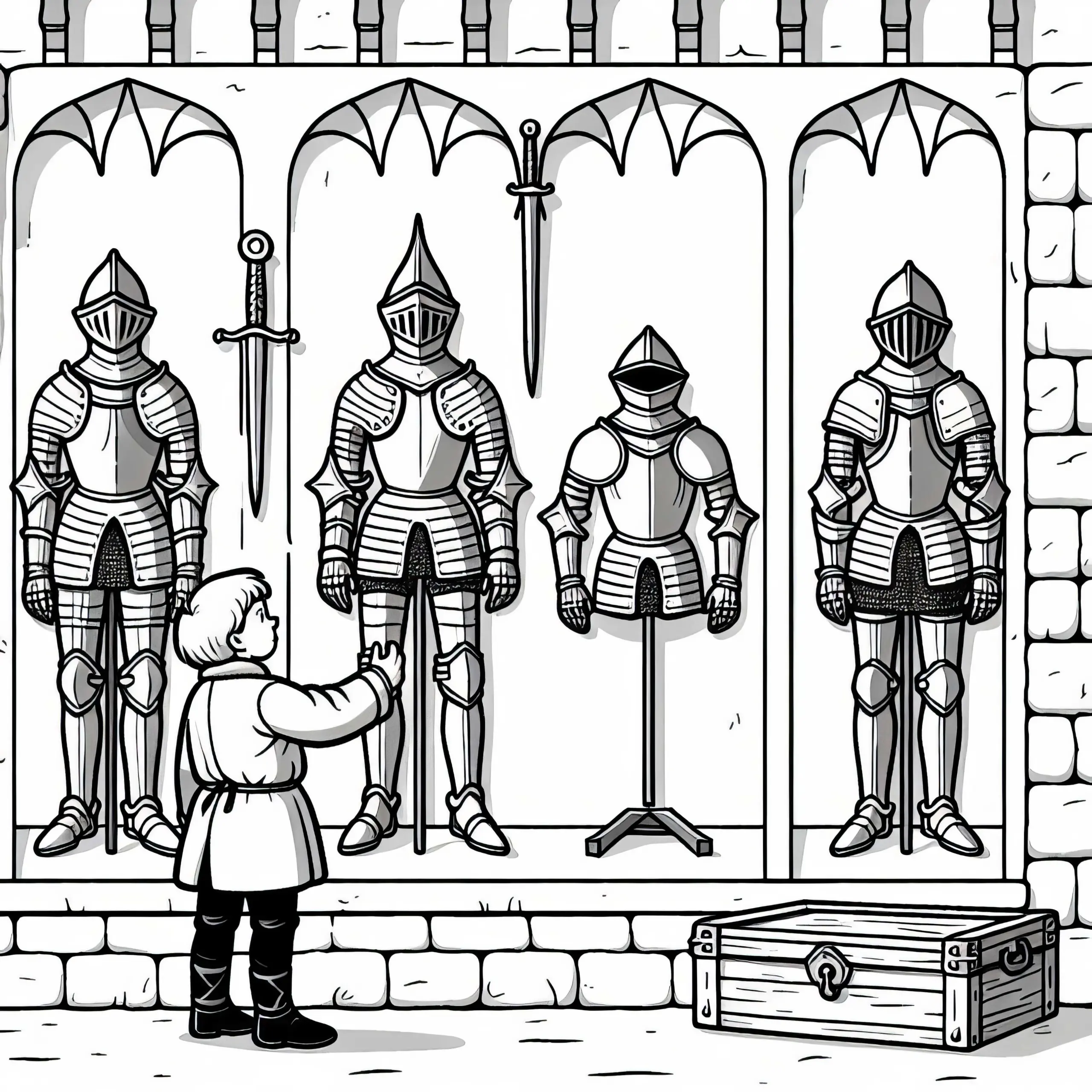 Kind bewundert Ritterrüstungen an einer Mauer – Ausmalbild Mittelalter kostenlos