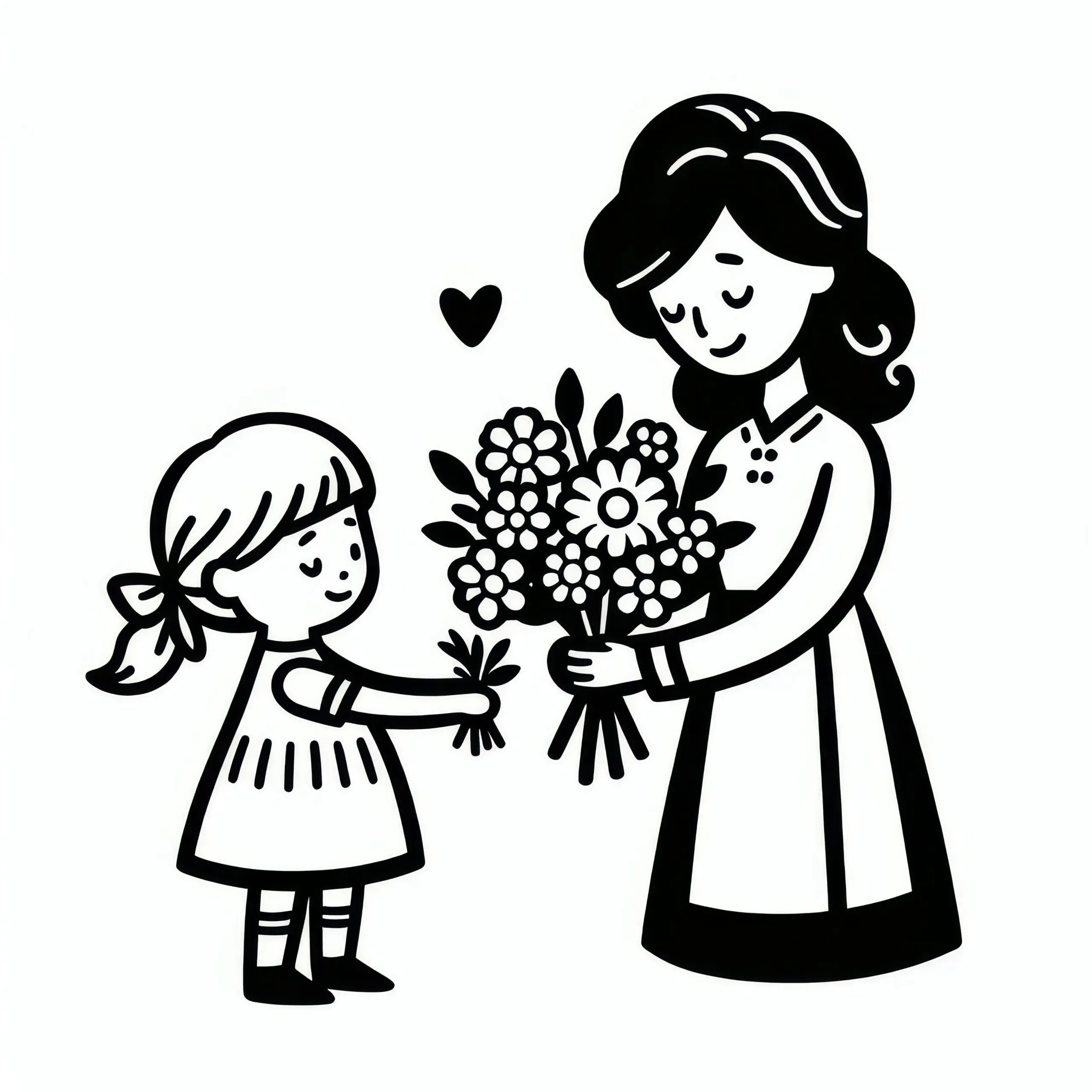 Kind mit Blumenstrauß für Frau zum Frauentag: Einfache Malvorlage (Kostenlos) (Ausmalbild)