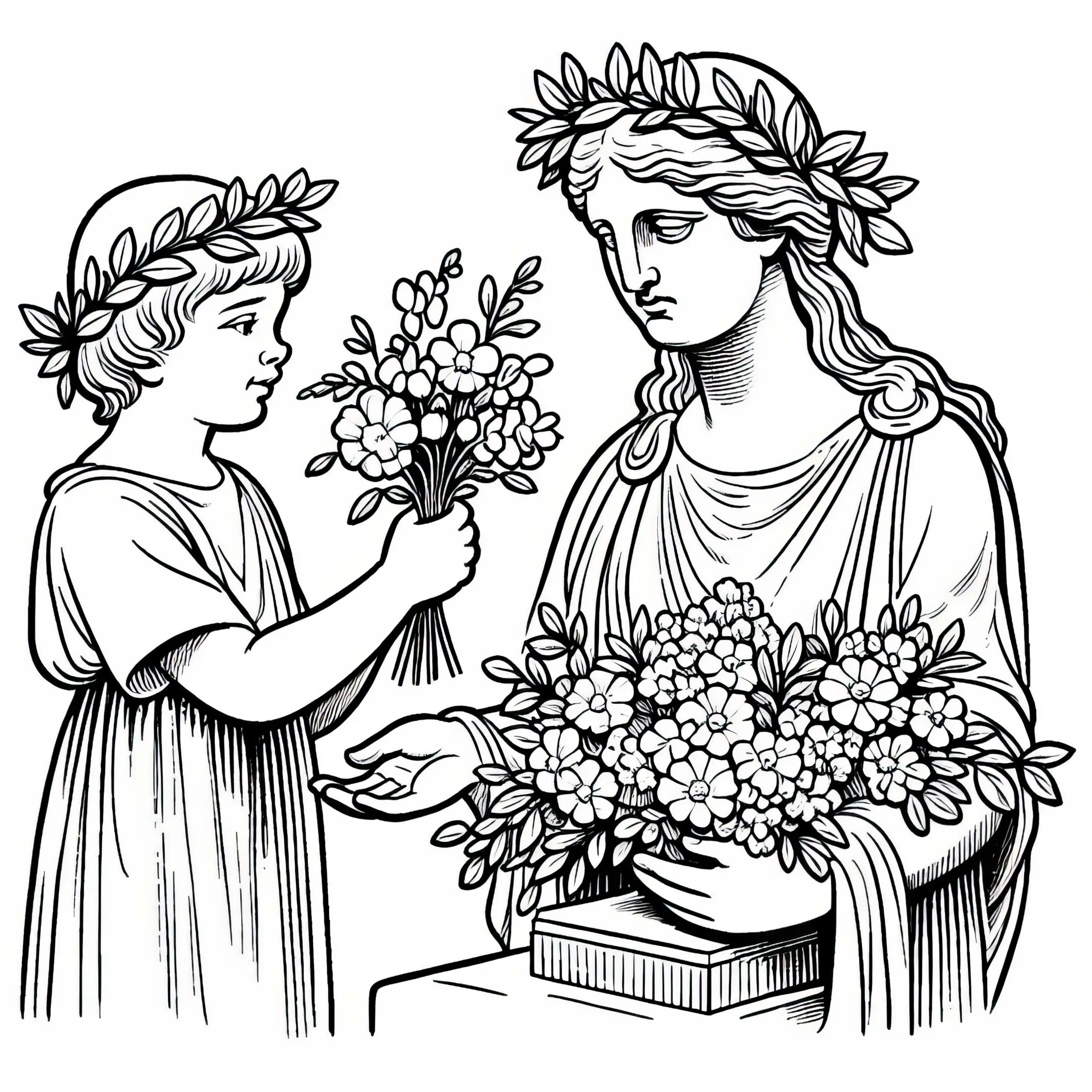 Kind bringt Blumen zu Statue von Athene – Ausmalbild Griechische Antike gratis