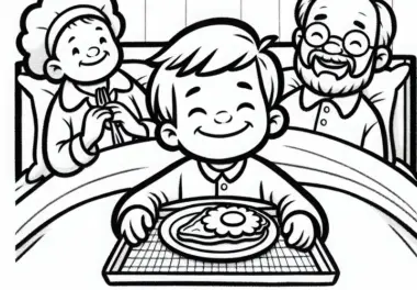 Kind bringt Familie Frühstück ans Bett – Ausmalbild kostenlos