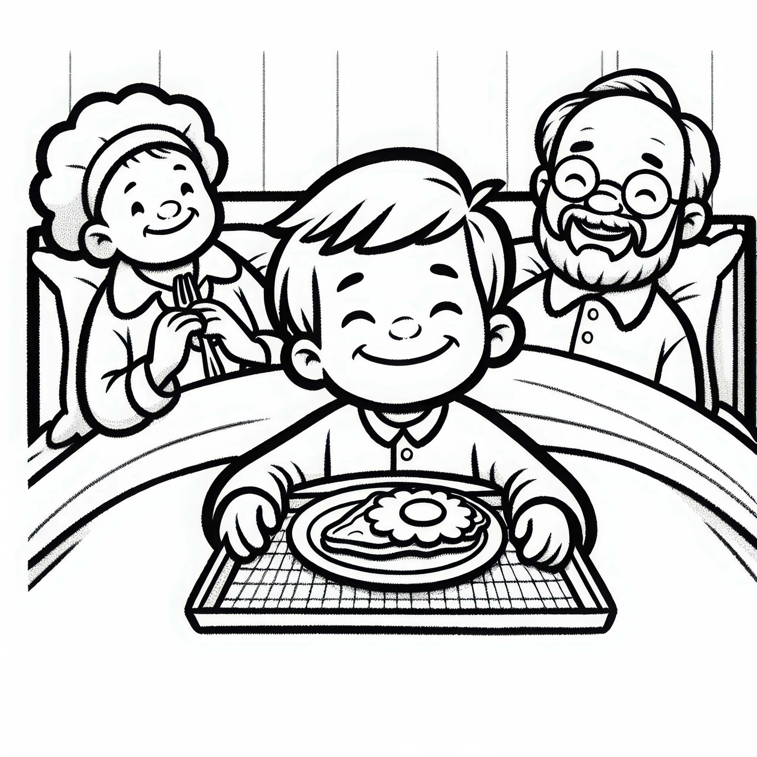 Kind bringt Familie Frühstück ans Bett – Ausmalbild kostenlos