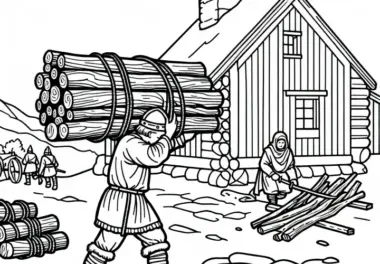 Kind bringt Holz zum Hausbau: Ausmalbild Wikinger kostenlos
