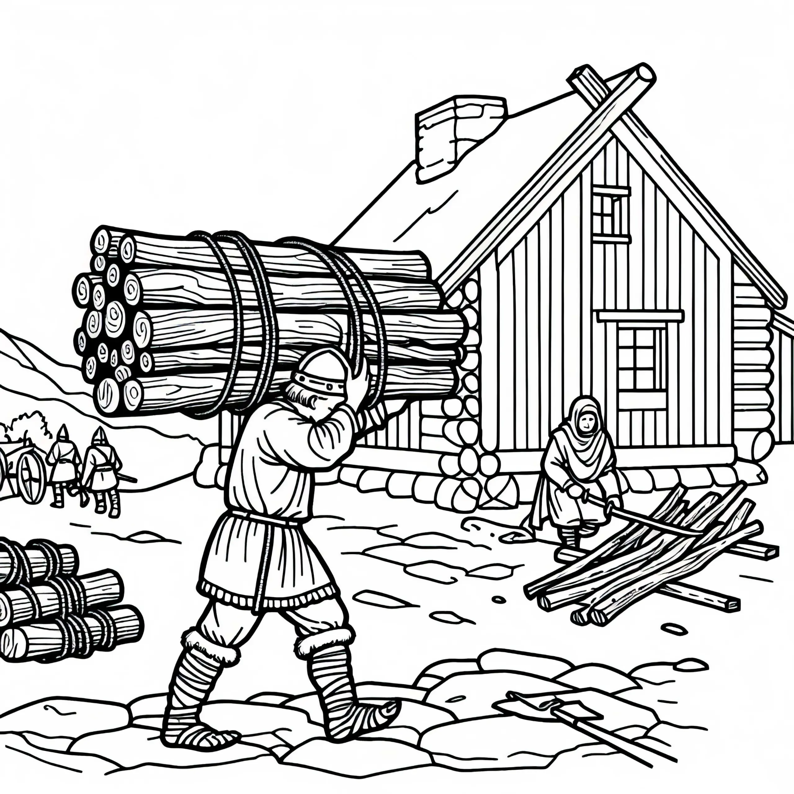 Kind bringt Holz zum Hausbau: Ausmalbild Wikinger kostenlos