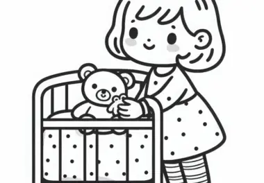 Kind bringt Kuscheltier, eine kleine Decke und legt es ins Puppenbett – Ausmalbild gratis