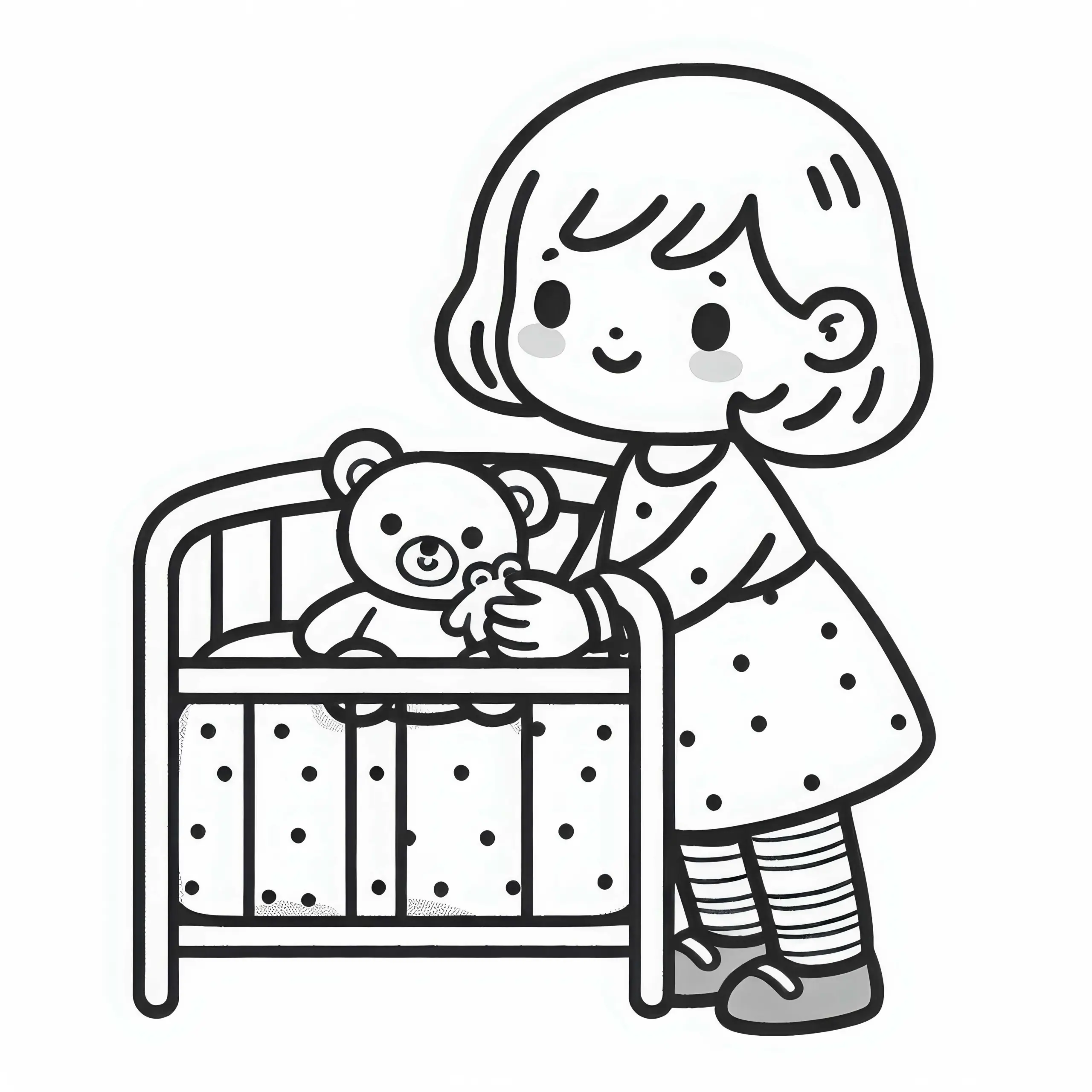 Kind bringt Kuscheltier, eine kleine Decke und legt es ins Puppenbett – Ausmalbild gratis
