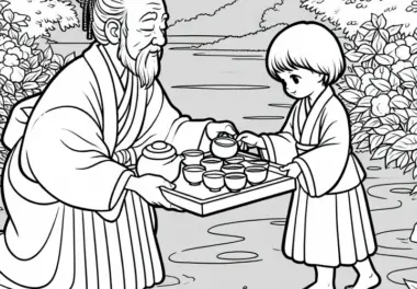 Kind bringt Tee in kleinen Schalen zu einem Familienritual – Malvorlage Altes Japan kostenlos