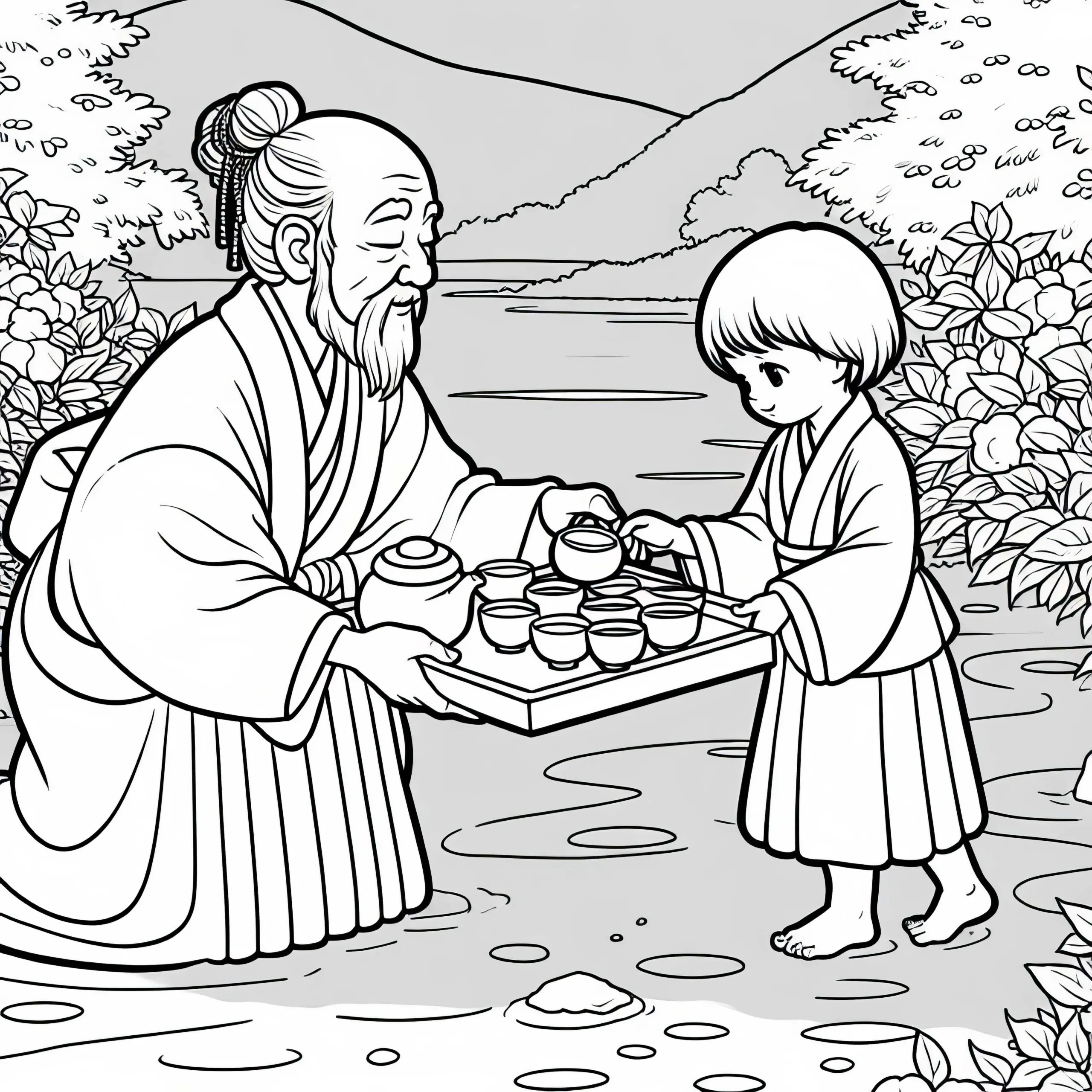 Kind bringt Tee in kleinen Schalen zu einem Familienritual – Malvorlage Altes Japan kostenlos (Ausmalbild)