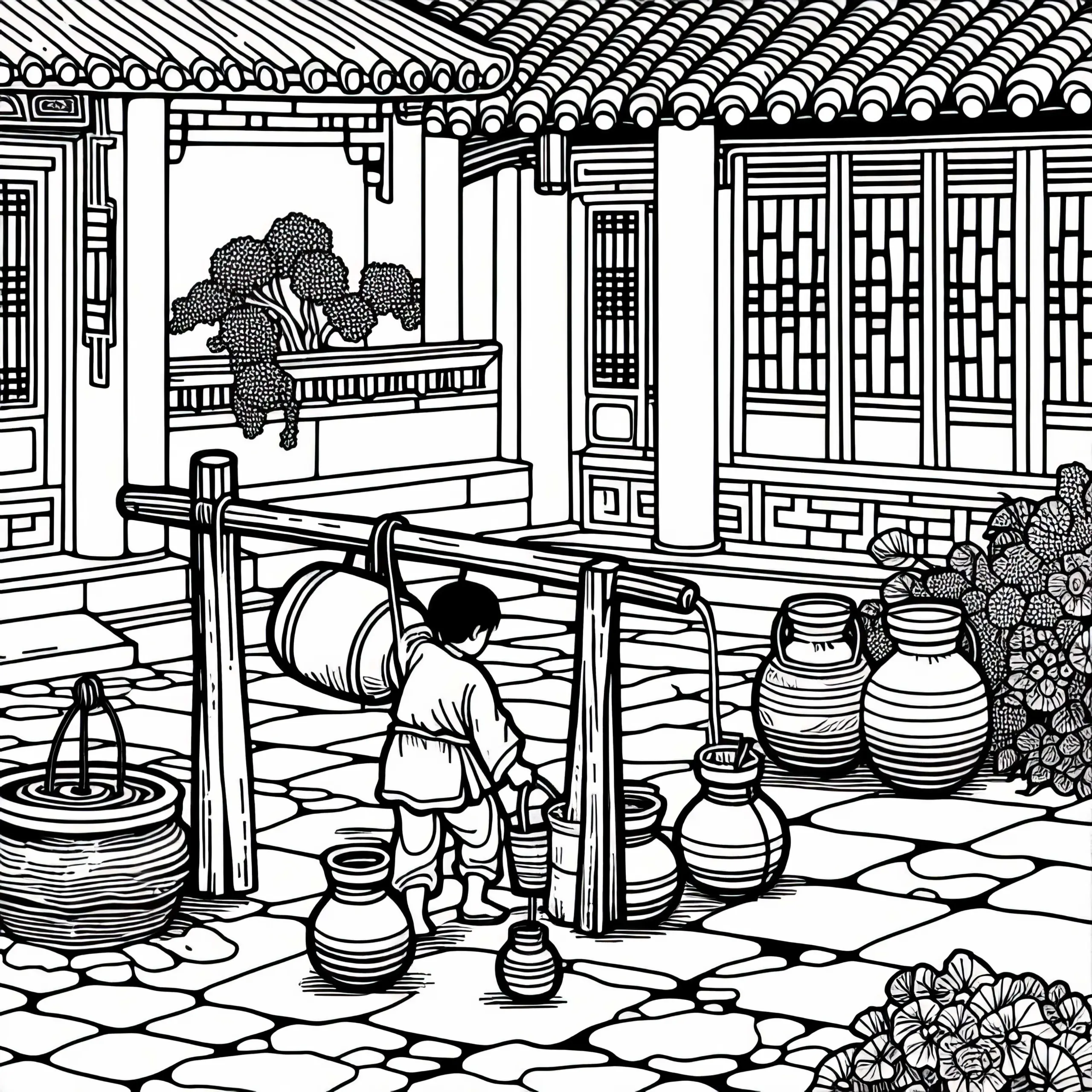 Kind bringt Wasserkrüge zum Brunnen im Hof – Malvorlage Altes China kostenlos (Ausmalbild)