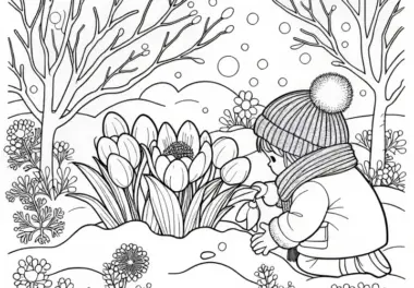 Kind entdeckt die ersten Winterblumen in Schneedecke – Ausmalbild gratis