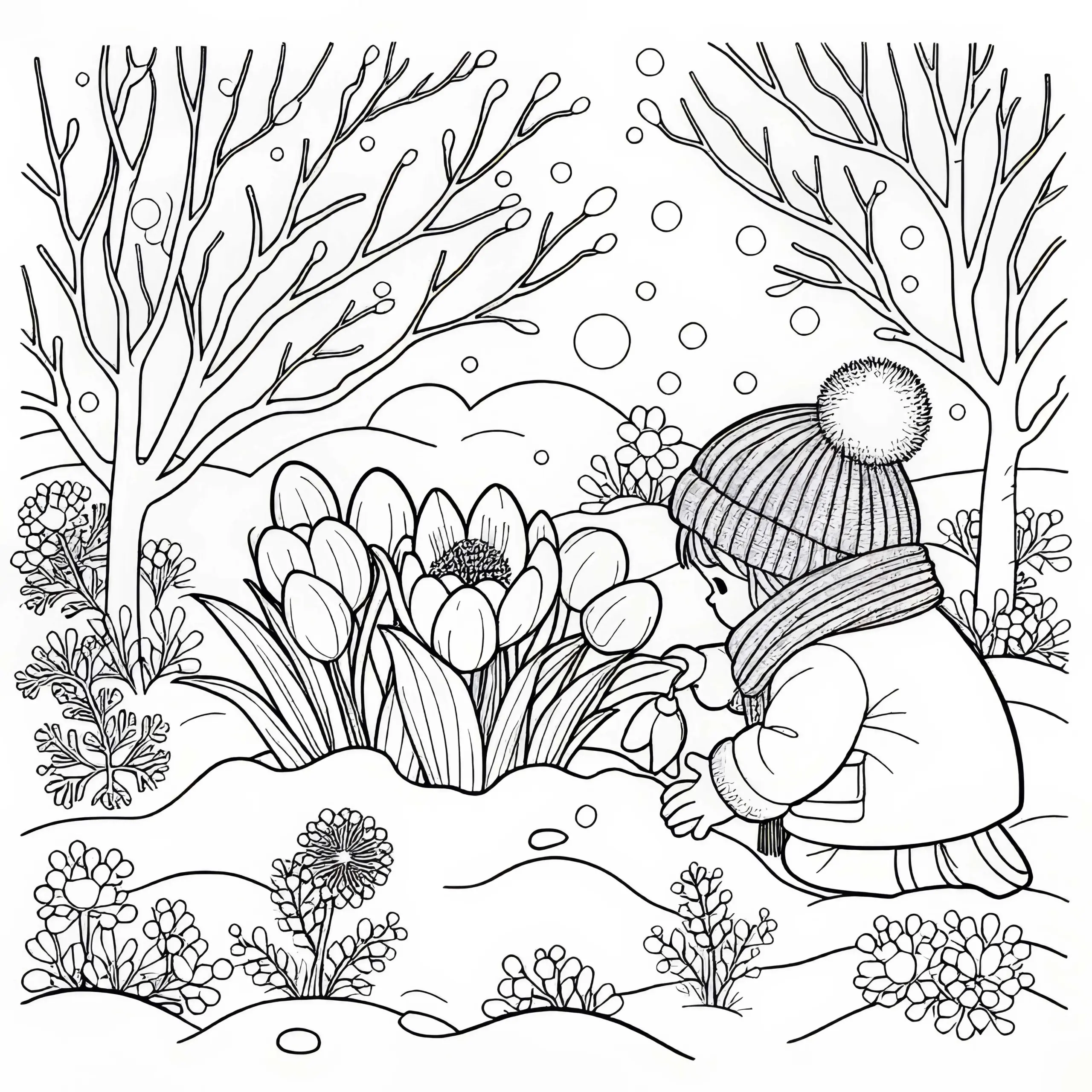 Kind entdeckt die ersten Winterblumen in Schneedecke – Ausmalbild gratis