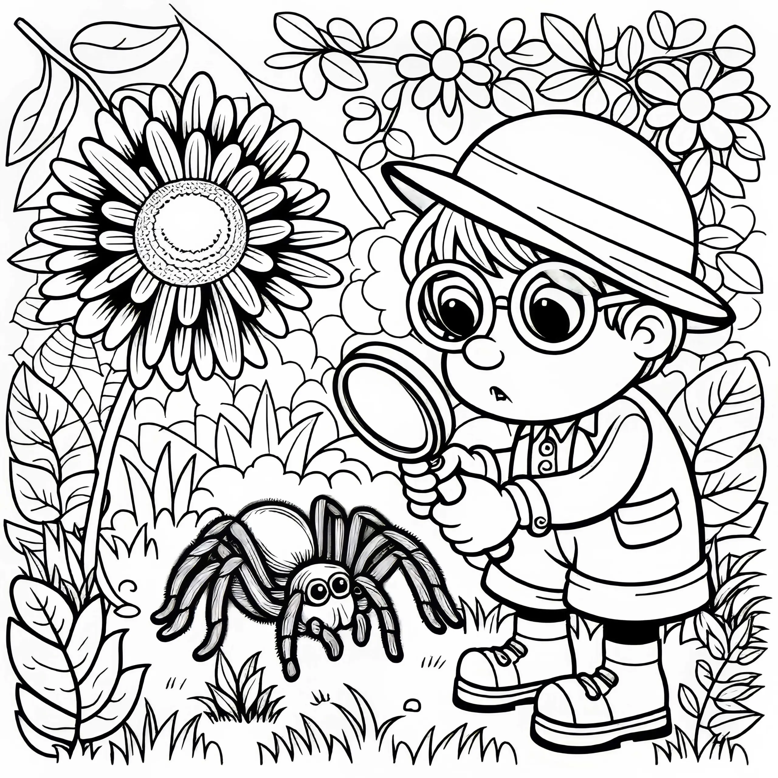 Kind entdeckt Spinne im Garten mit Lupe – Malvorlage gratis (Ausmalbild)