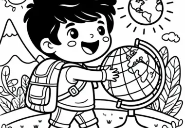 Kind erforscht begeistert die Welt mit einem Globus – Ausmalbild gratis