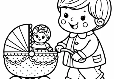 Kind fährt Puppe im Puppenwagen spazieren – Ausmalbild kostenlos