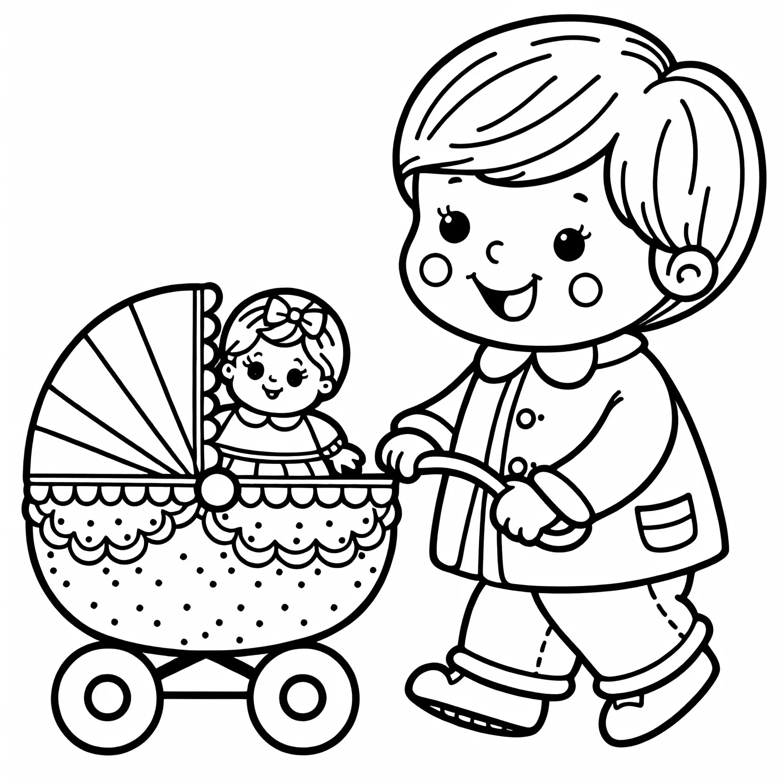 Kind fährt Puppe im Puppenwagen spazieren – Ausmalbild kostenlos