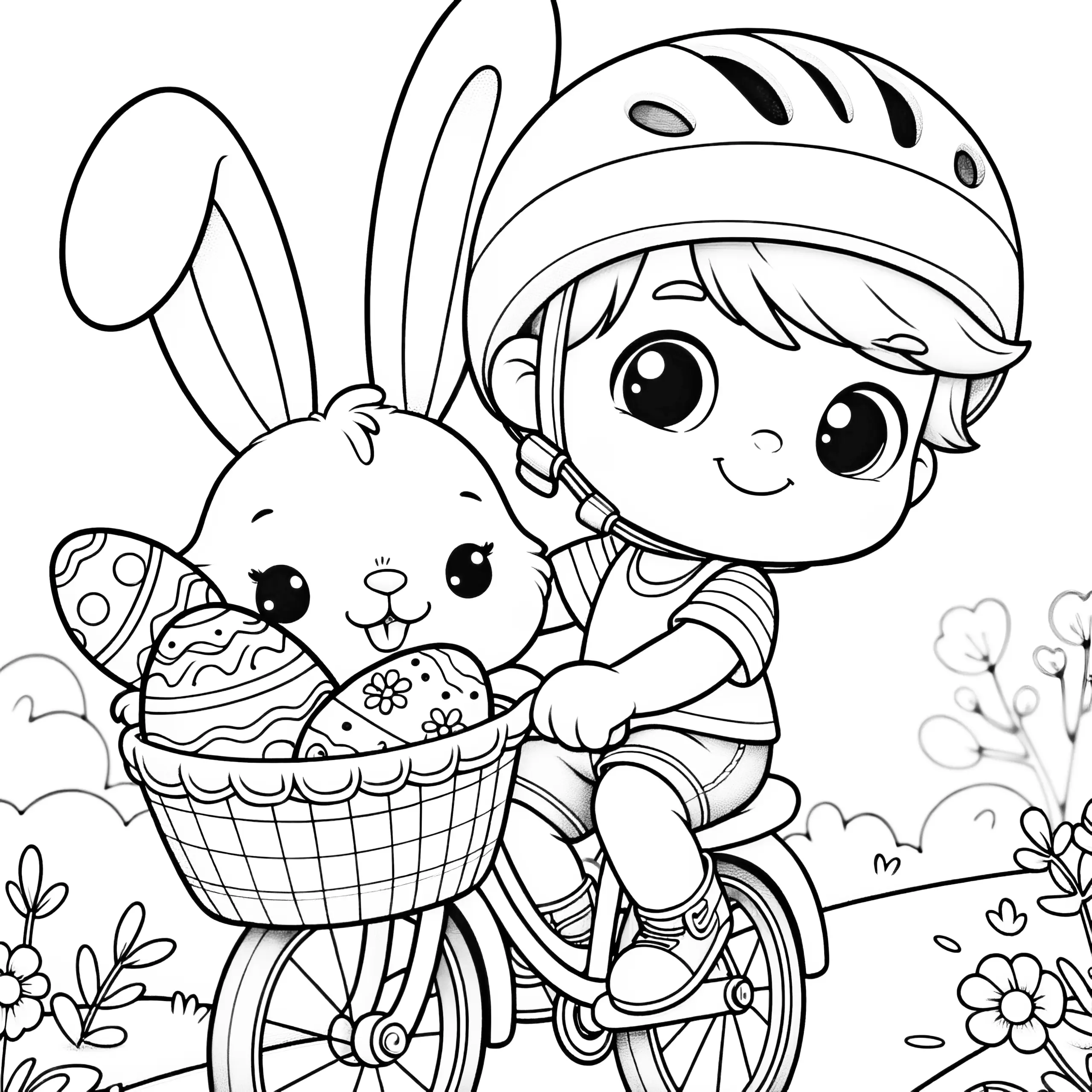 Kind mit Fahrrad und Osterhase im Osterkorb: Ausmalbild für Kinder (Gratis)