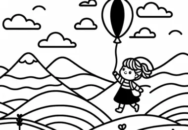 Kind fliegt mit Luftballon über Hügel – Ausmalbild für Mädchen ab drei kostenlos