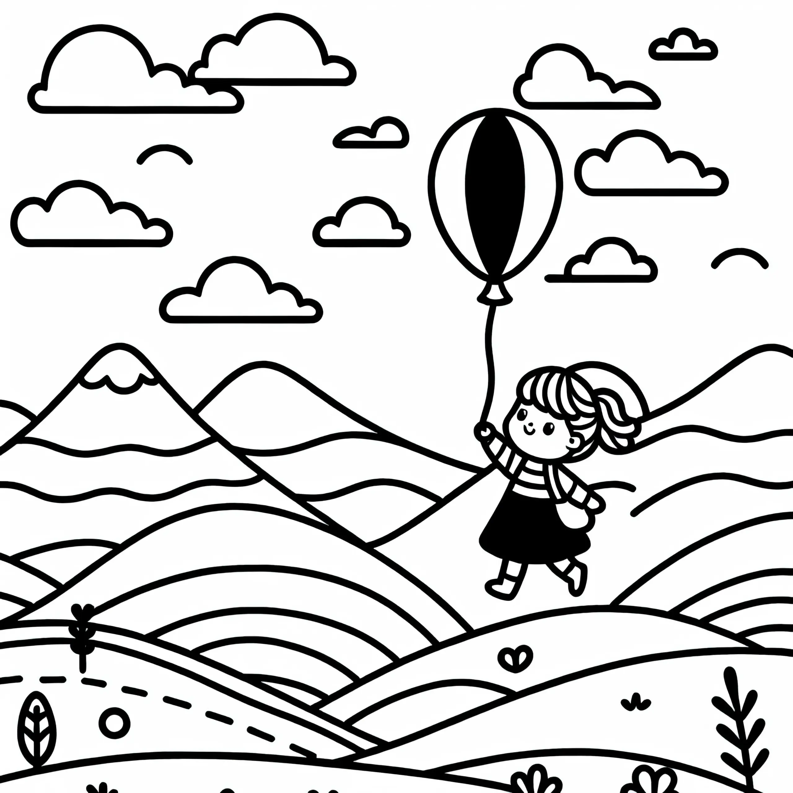 Kind fliegt mit Luftballon über Hügel – Ausmalbild für Mädchen ab drei kostenlos