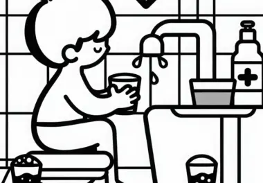 Kind füllt Becher mit Wasser für das Zähneausspülen – Malvorlage Gratis