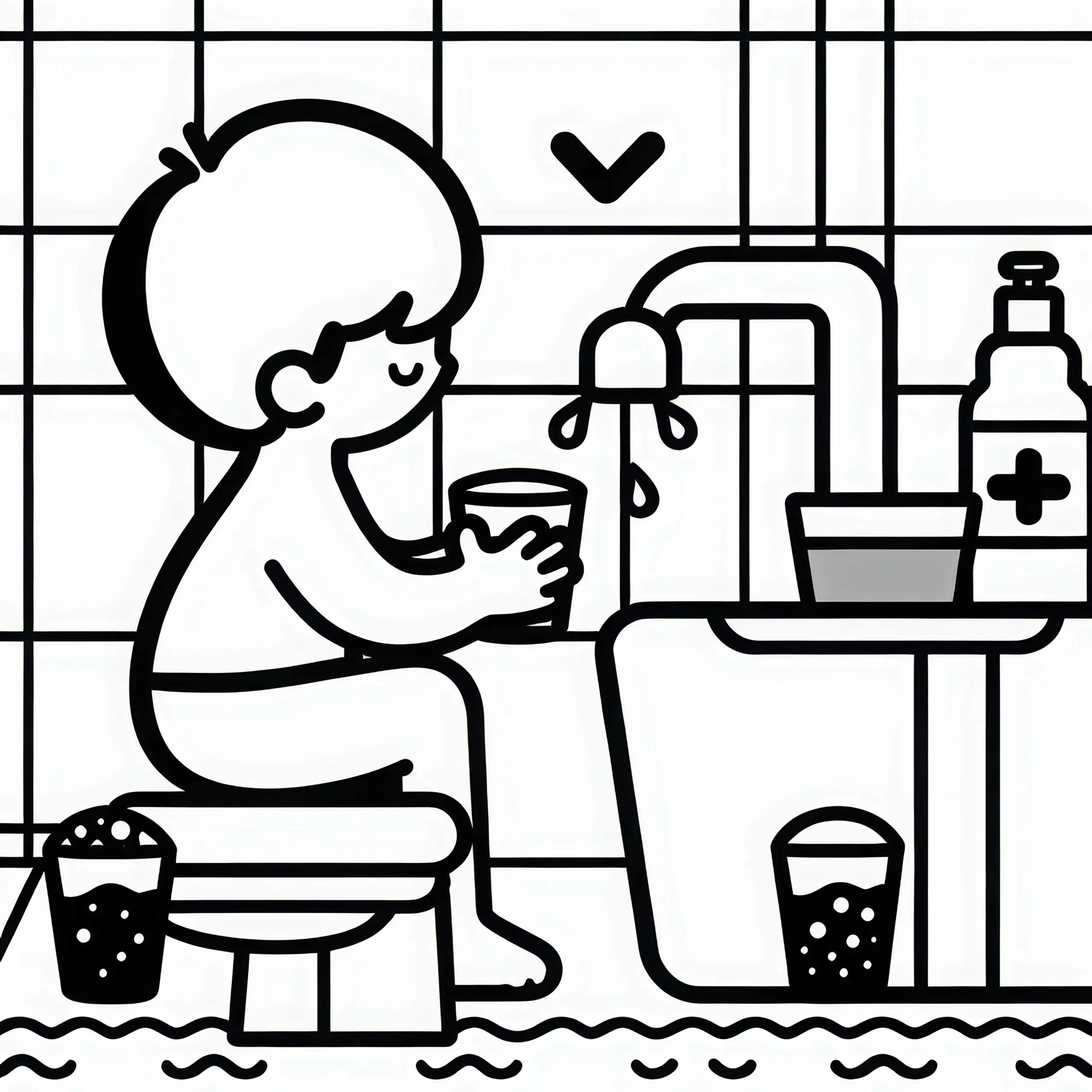 Kind füllt Becher mit Wasser für das Zähneausspülen – Malvorlage Gratis (Ausmalbild)