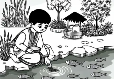 Kind füttert Fische am Teich mit Brotstückchen – Ausmalbild kostenlos