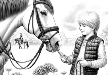 Kind füttert Pferd mit Karotte – Ausmalbild für Reitsport-Fans