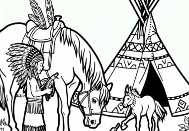 Kind füttert Pferd vor Tipi – Ausmalbild Indianer kostenlos