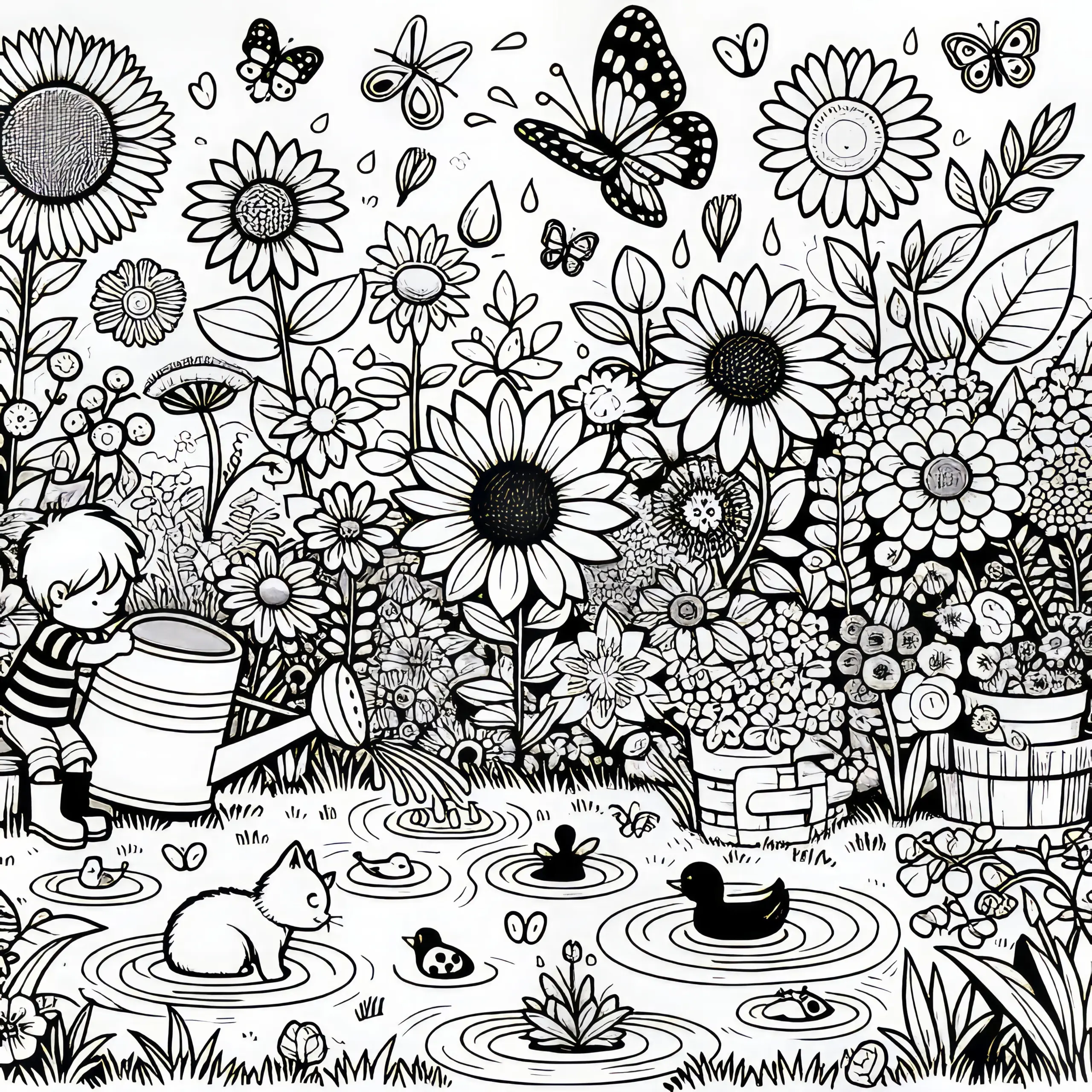 Kind im Garten am kleinen Teich mit Blumen: Ausmalbild gratis