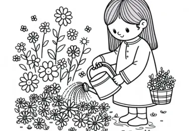 Kind gießt Beet mit Sommerblumen – Ausmalbild gratis
