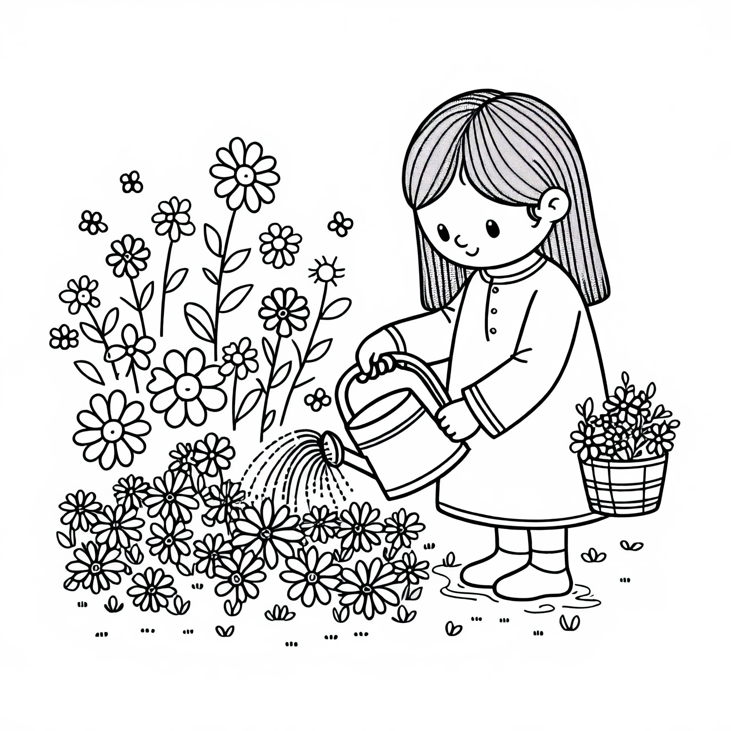 Kind gießt Beet mit Sommerblumen – Ausmalbild gratis