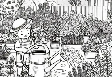 Kind giesst Kräutergarten mit Giesskanne – Malvorlage gratis