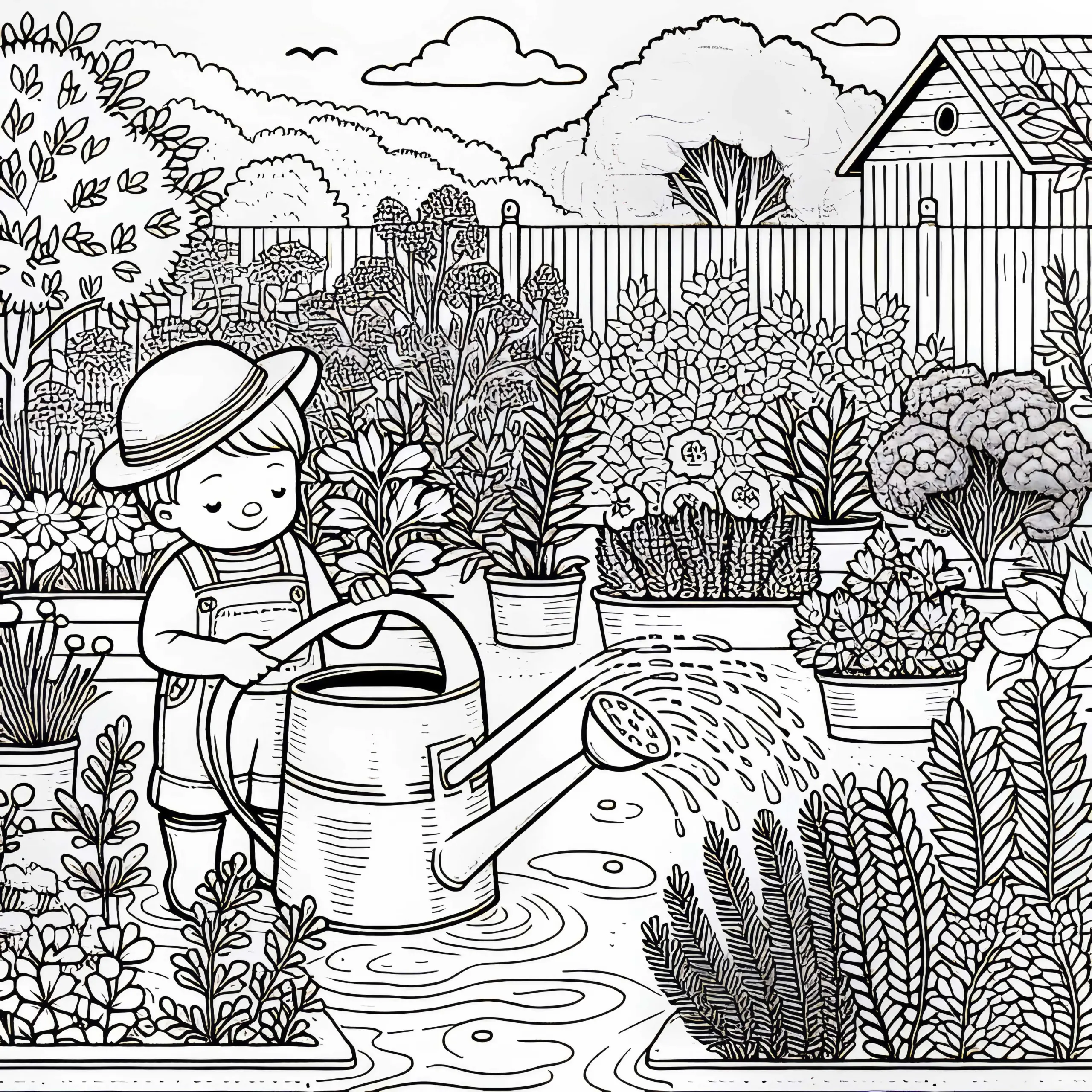 Kind giesst Kräutergarten mit Giesskanne – Malvorlage gratis (Ausmalbild)