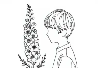 Kind hält Rittersporn – Malvorlage kostenlos