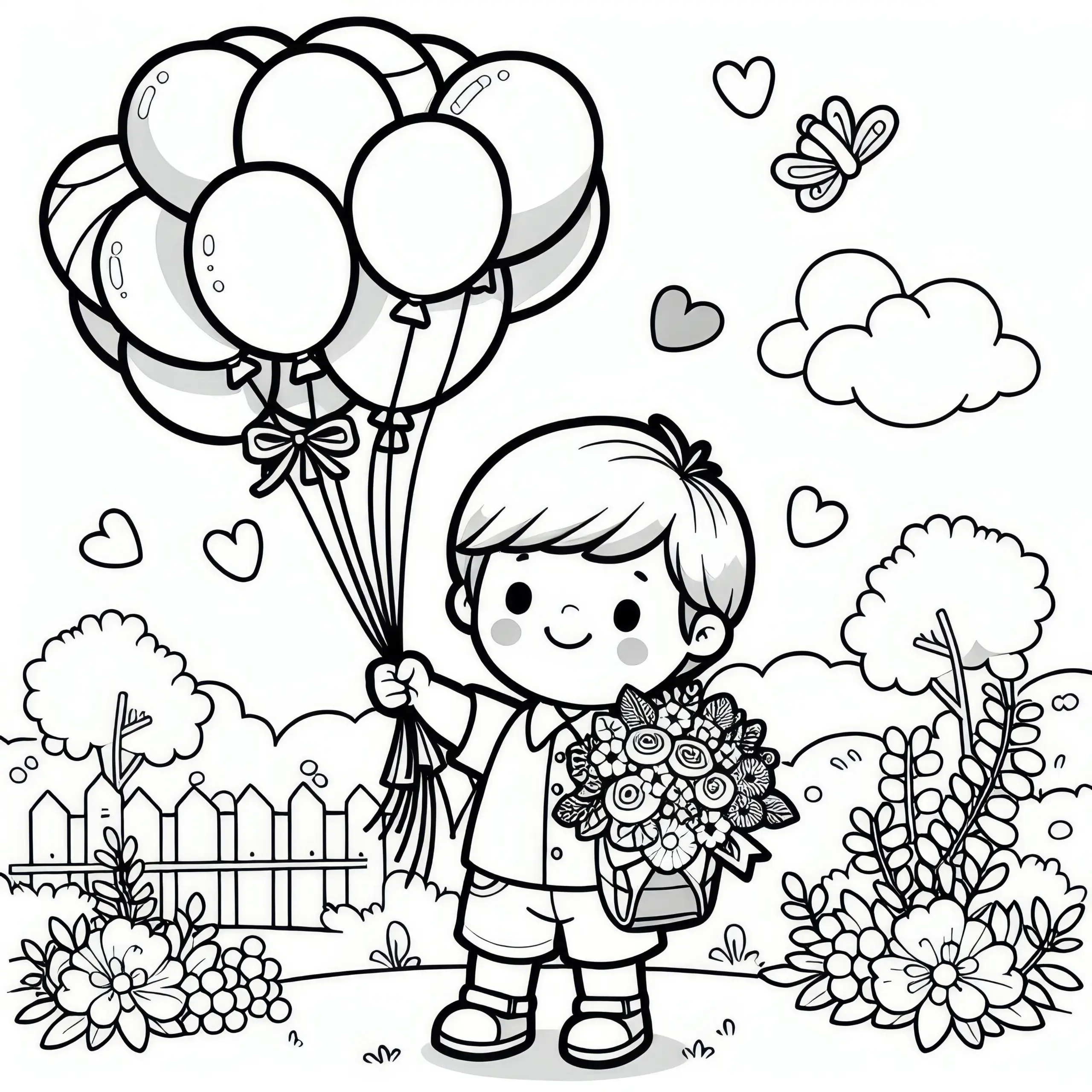 Kind hält stolz Luftballonstrauß in Händen zum Kindertag: Kostenloses Ausmalbild