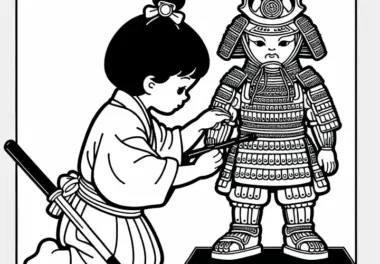 Kind hilft beim Anlegen einer Miniaturrüstung für ein Puppenspiel – Malvorlage Altes Japan gratis