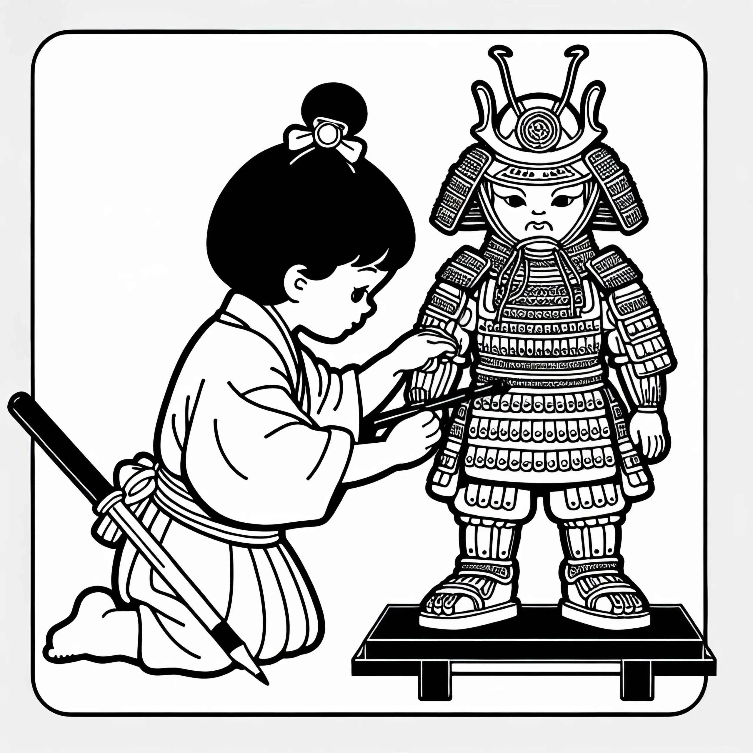 Kind hilft beim Anlegen einer Miniaturrüstung für ein Puppenspiel – Malvorlage Altes Japan gratis (Ausmalbild)