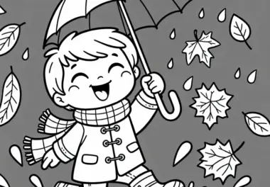 Kind hüpft mit Gummistiefeln und Schirm durch Pfützen – Ausmalbild Herbst kostenlos