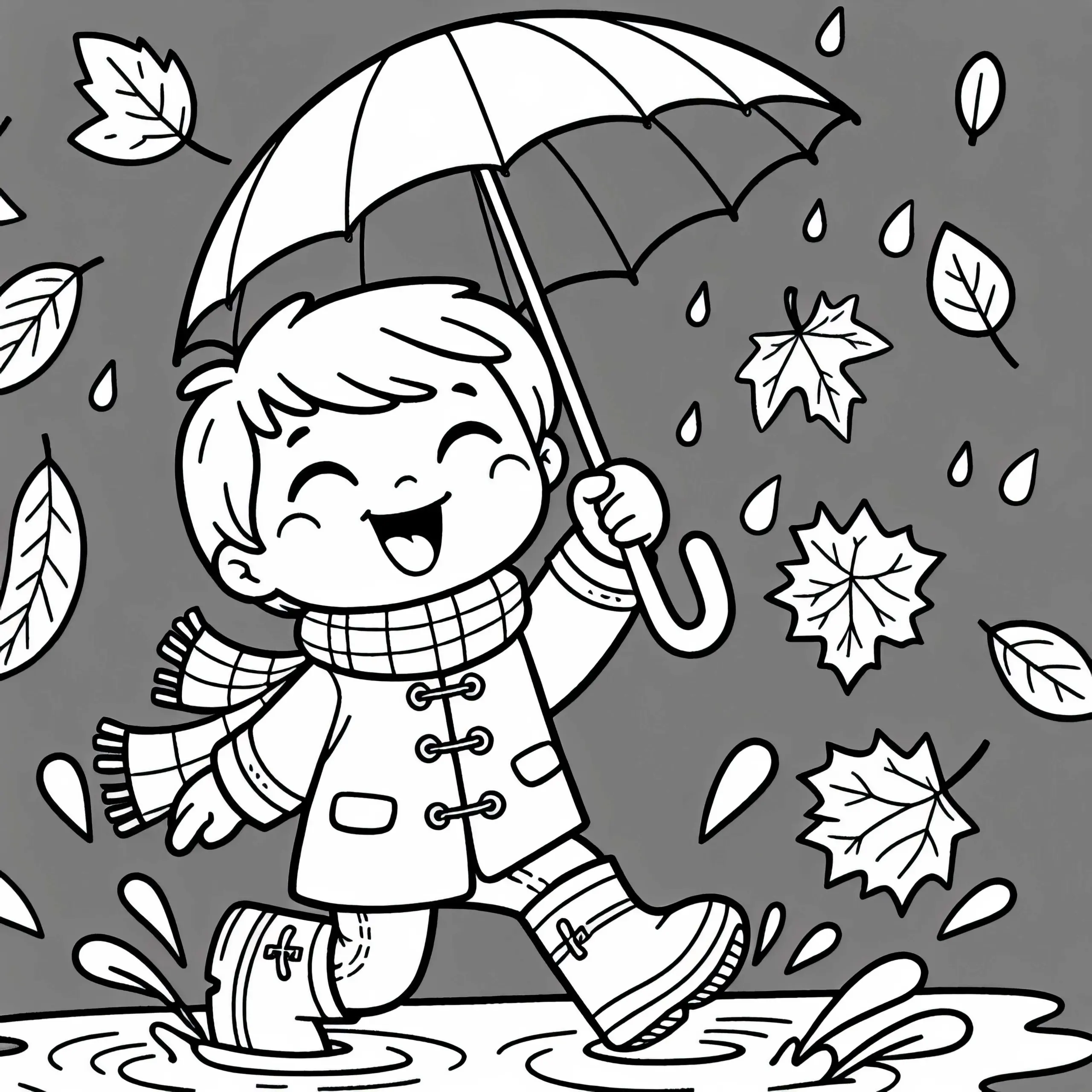 Kind hüpft mit Gummistiefeln und Schirm durch Pfützen – Ausmalbild Herbst kostenlos