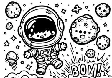 Kind in Astronautenkostüm landet mit Boom auf fremdem Planeten – Ausmalbild
