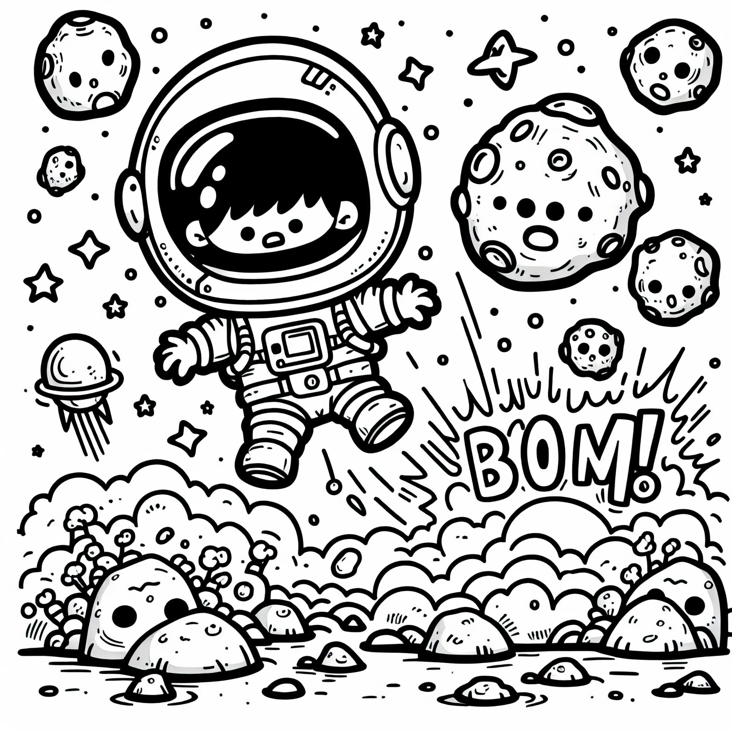 Kind in Astronautenkostüm landet mit Boom auf fremdem Planeten – Ausmalbild