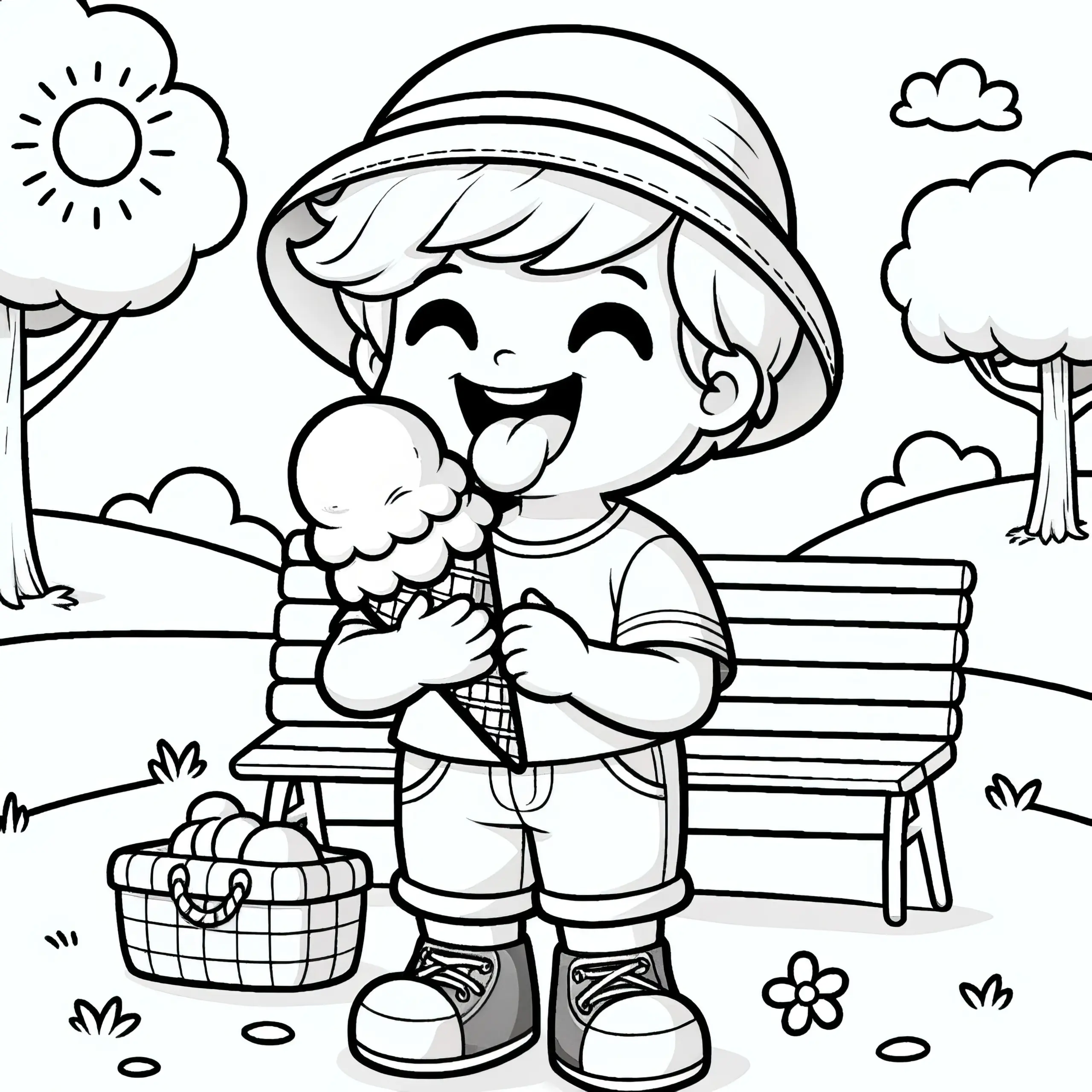 Kind isst herzhaft ein Eis: Malvorlage kostenlos zum Herunterladen (Ausmalbild)