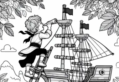 Kind klettert auf hölzernes Spielschiff – Ausmalbild für Piratenfans