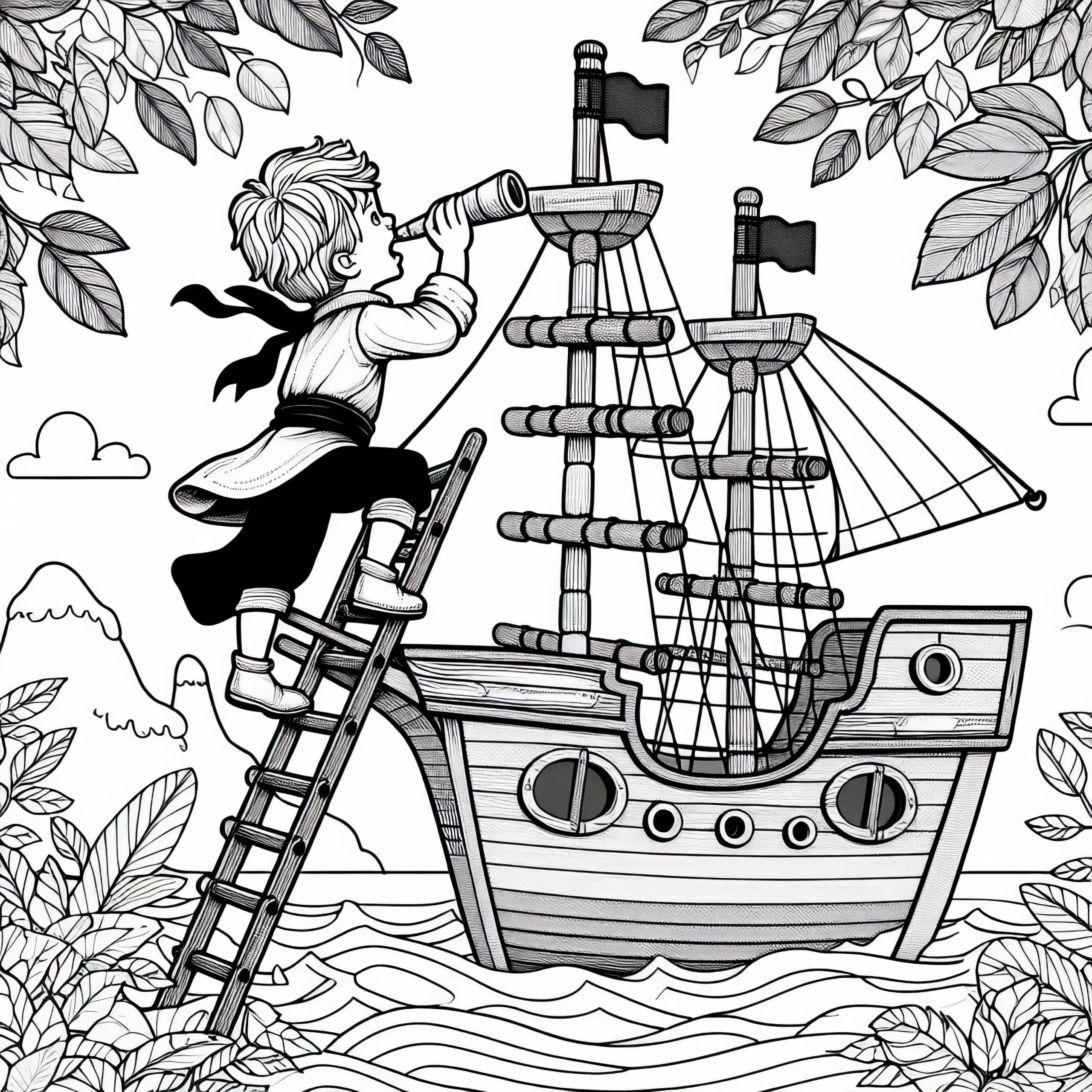 Kind klettert auf hölzernes Spielschiff – Ausmalbild für Piratenfans